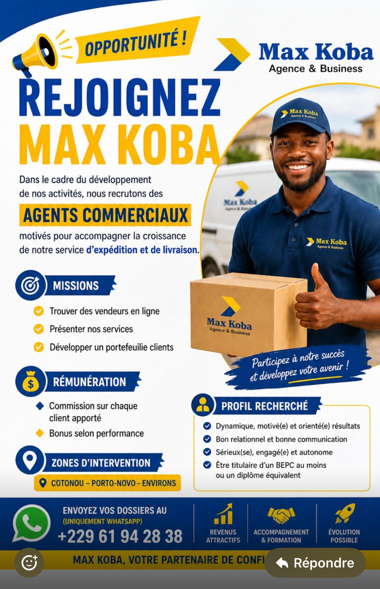MAX KOBA lance un recrutement d’agents commerciaux à Cotonou et Porto-Novo