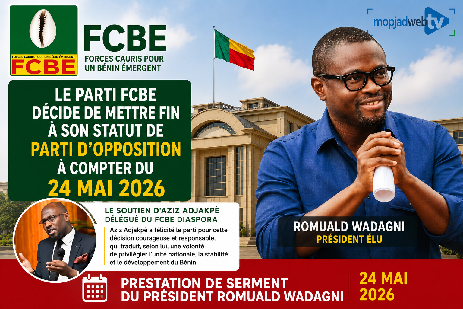 Politique béninoise : le FCBE annonce la fin de son statut d’opposition à partir du 24 mai 2026